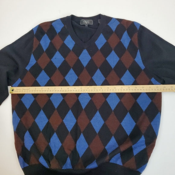 Villini Merino Wool Blend Black Argyle Vneck Sweater Knit L Mens Business Casual - Picture 6 of 8